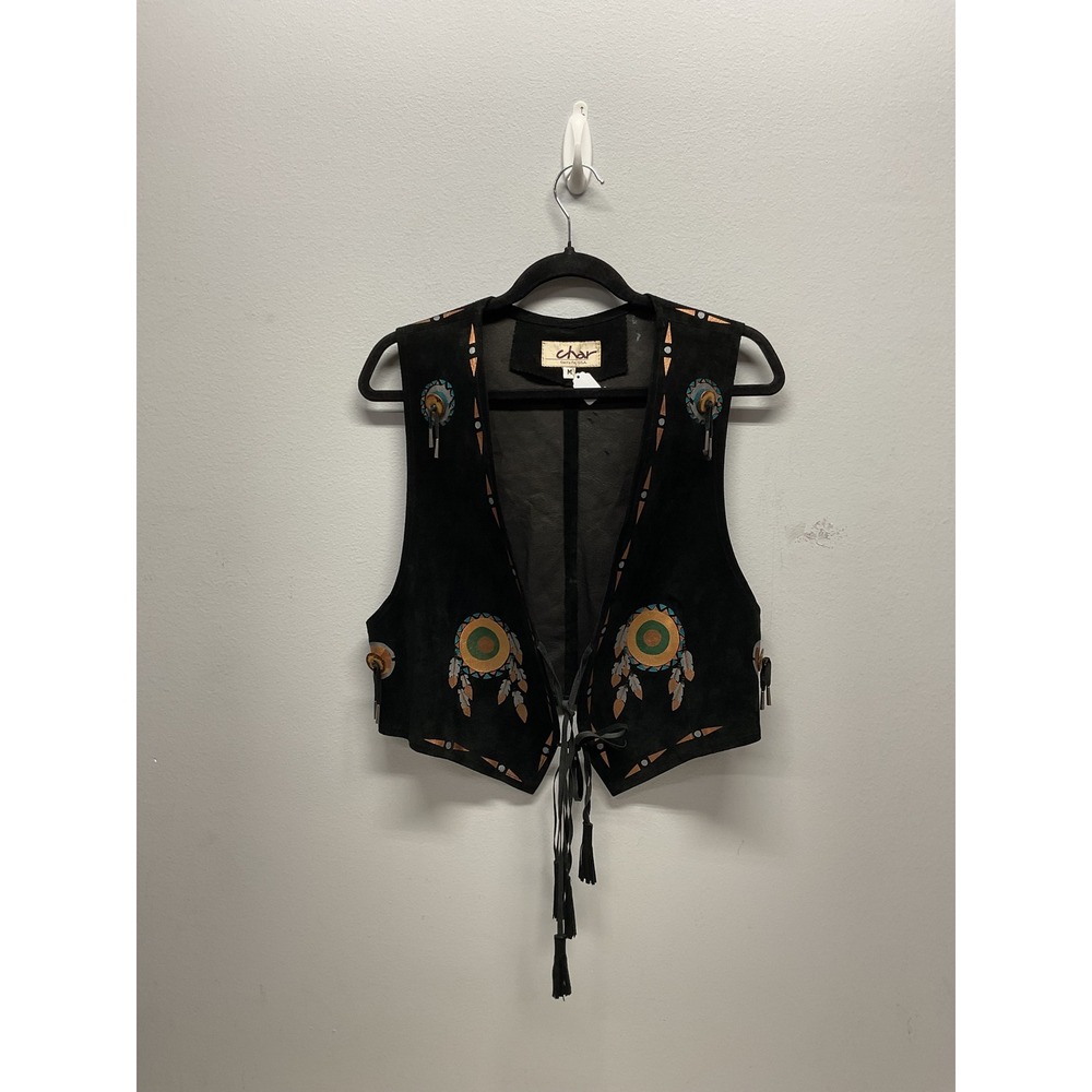 Char Santa Fe Vintage Black Suede Leather Buffalo Dreamcatcher Vest Women Medium